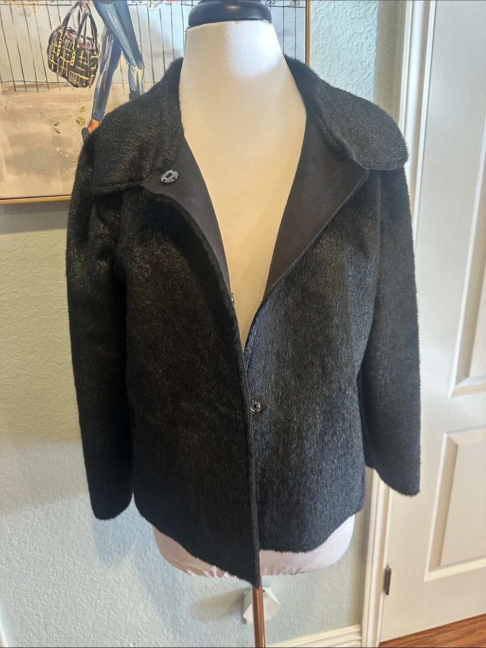 Bisou Bisou Sz Medium Black Textured Faux Fur/Suede Pea Coat • NEW! - Picture 2 of 11